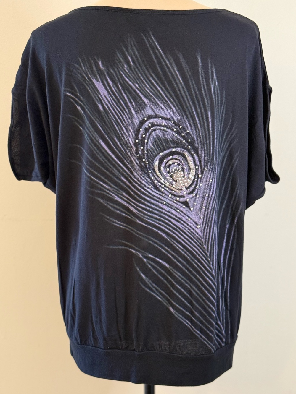 Express black top dolman sleeve sequined feather design SZ SM